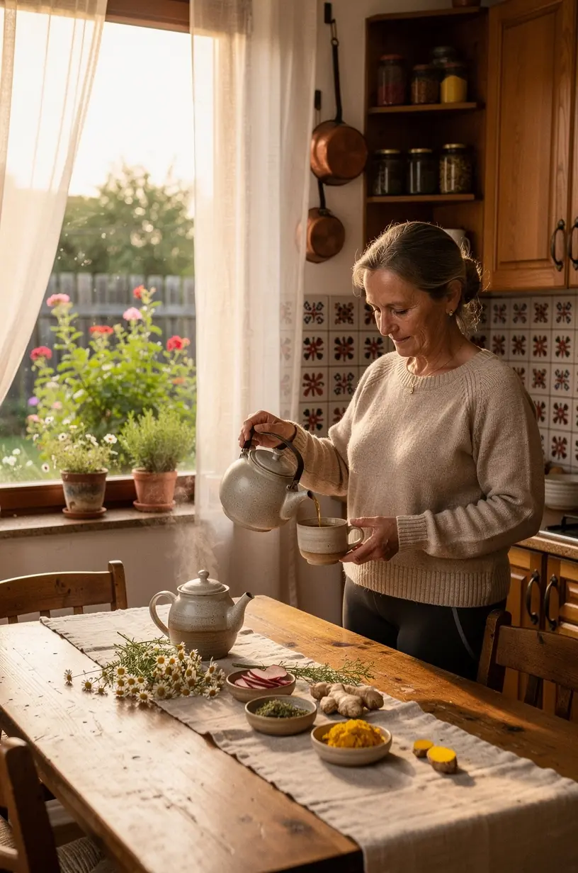 Csésze meleg gyógytea egy asztalon, mellette nyitott jegyzetfüzet a napi ízületvédő rutin megtervezéséhez.