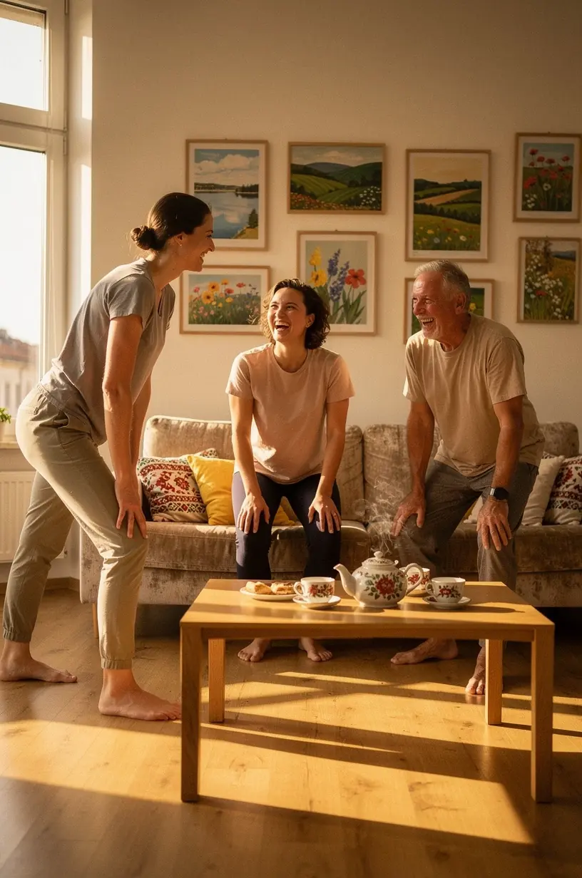 Aktív felnőtt személy, aki nyújtó gyakorlatokat végez reggel, miközben egy csésze tea vár mellette.